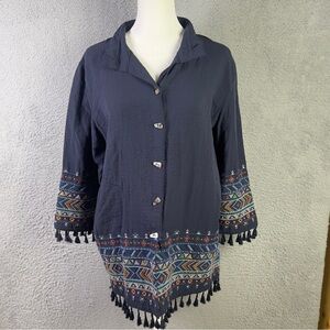 John Mark Top Womens Medium Blue Embroidered Art Wire Collar Button Blouse